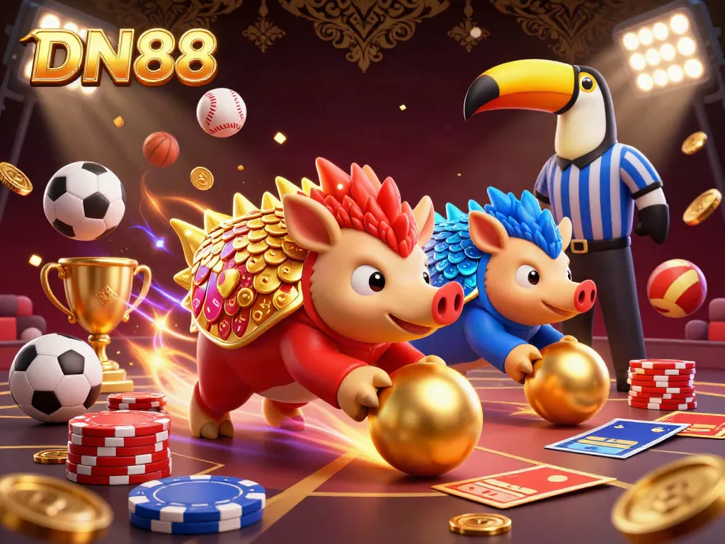 Engage in exciting gameplay at DN88, featuring double pangolins rolling into golden balls amidst vibrant casino elements.