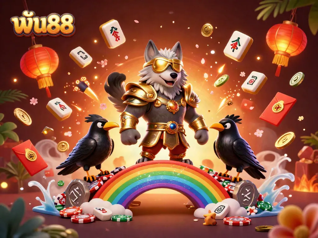 Engage with ฟัน88 through an exciting illustration of Odin wolf amidst casino chips and vibrant game elements.