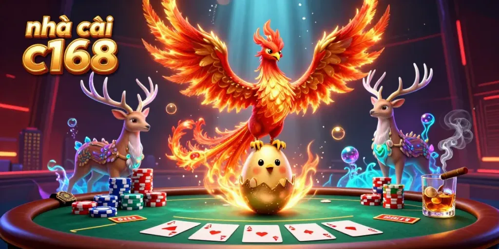 The nhà cái c168 scene features a 3D cartoon fire phoenix soaring over a vibrant poker table filled with chips and cards.