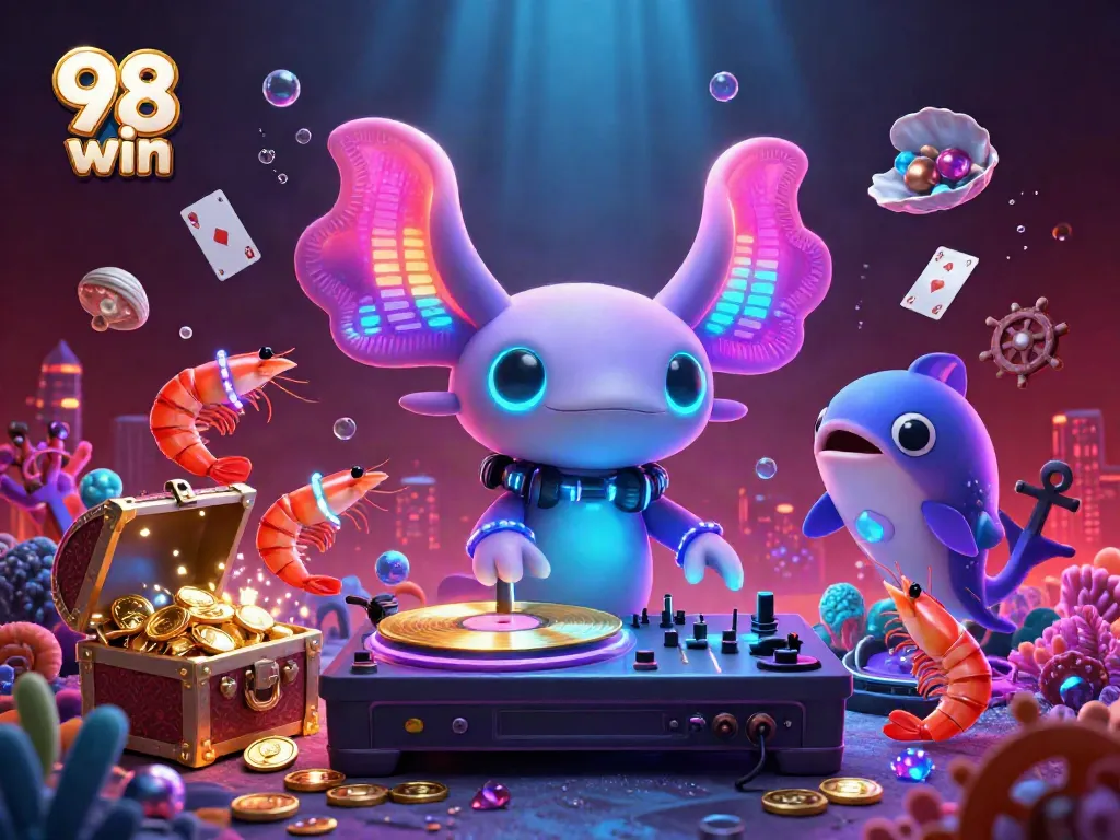 Spin to win at 98 win with vibrant characters and colorful casino elements in an underwater scene.