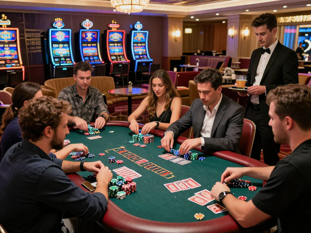 Giocatori felici in un casino non aams sicuri, circondati da macchine e tavoli, atmosfera vibrante.
