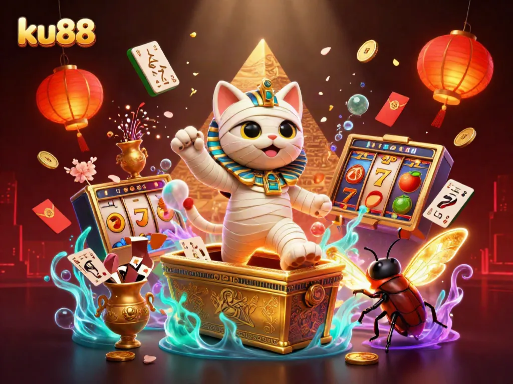 ku88 displays thrilling jackpot slots with an Egyptian mummy cat in a vibrant casino scene