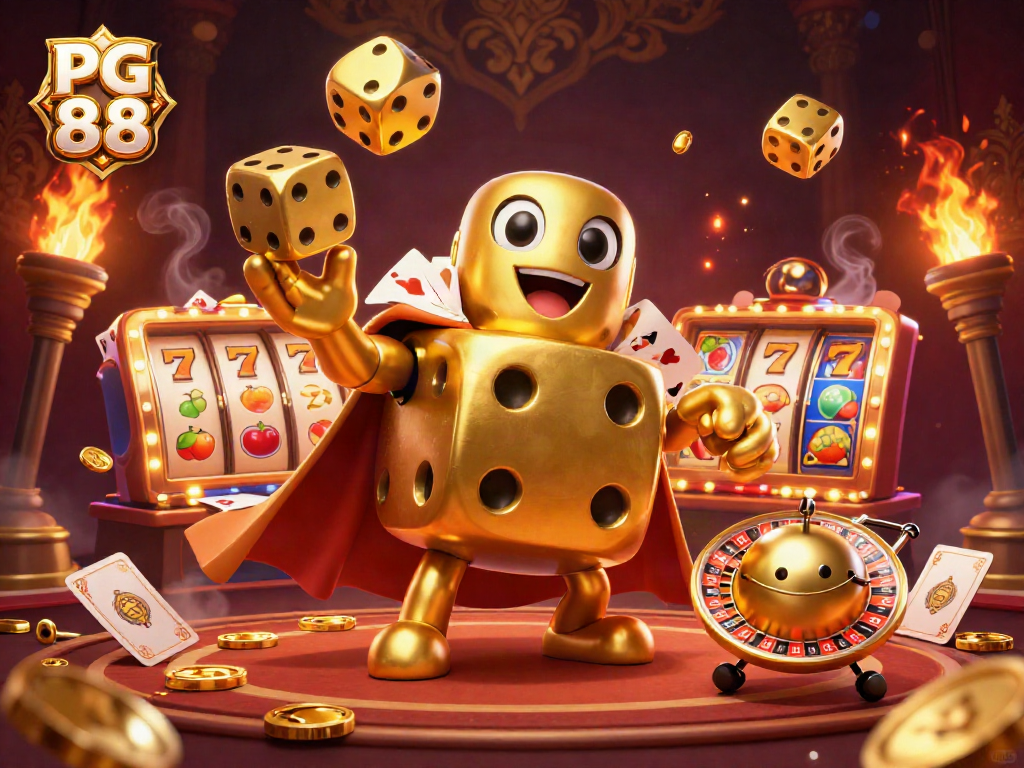 Experience PG 88 with the dynamic golden dice golem and slot reels in a vibrant casino scene.