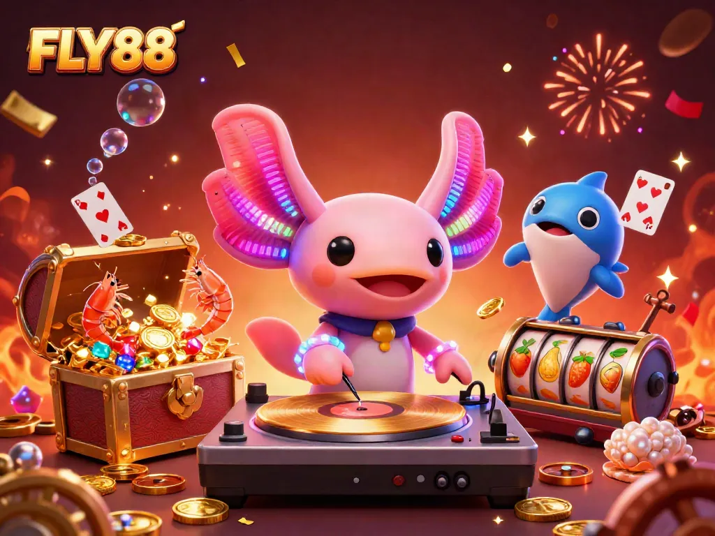 Experience the vibrant gaming atmosphere with FLY88's dynamic underwater scene, featuring a DJ axolotl.