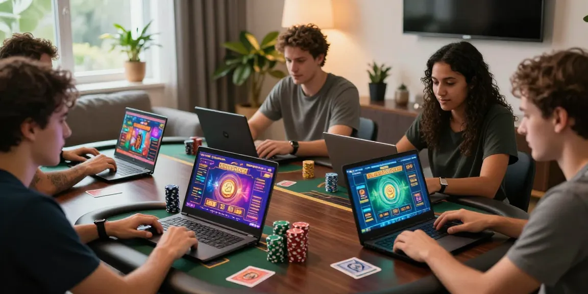 Giocatori di casino non aams sicuri che si divertono con laptop e tablet, atmosfera vivace.