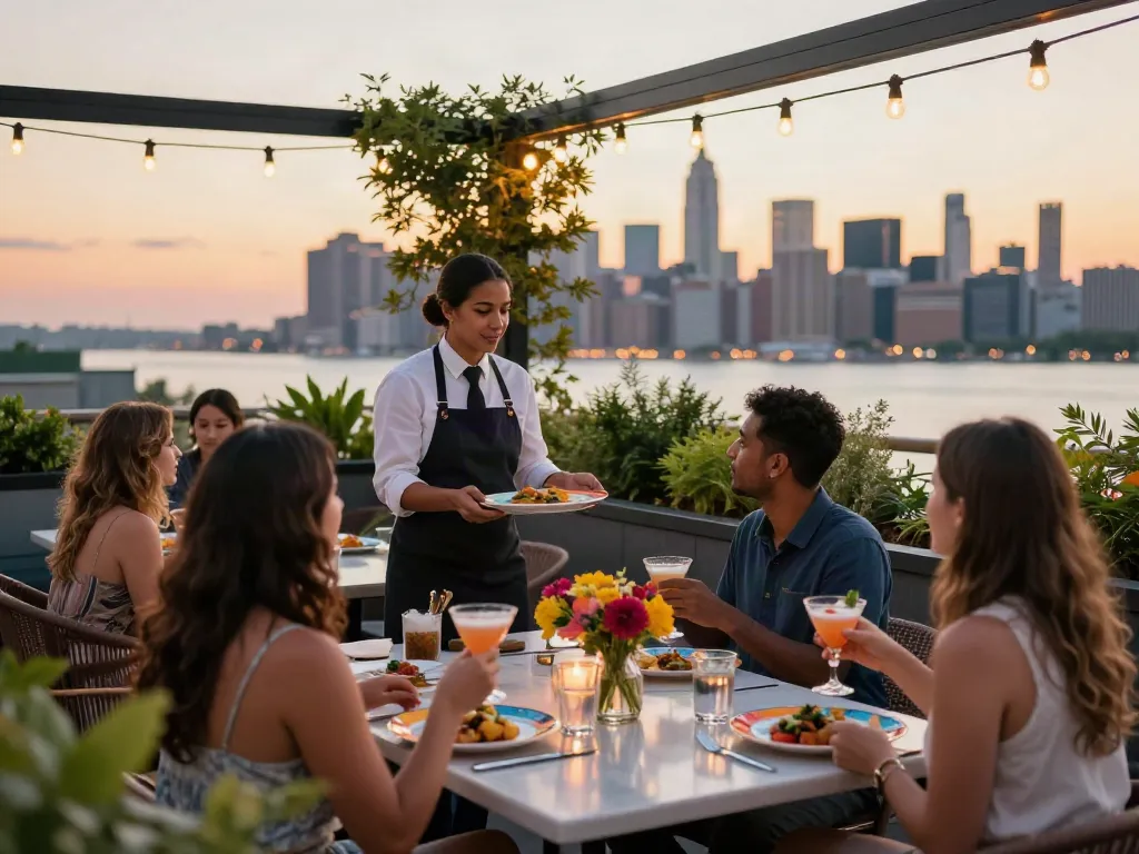 NoHu Rooftop dining scene featuring guests enjoying cocktails and skyline views at sunset.