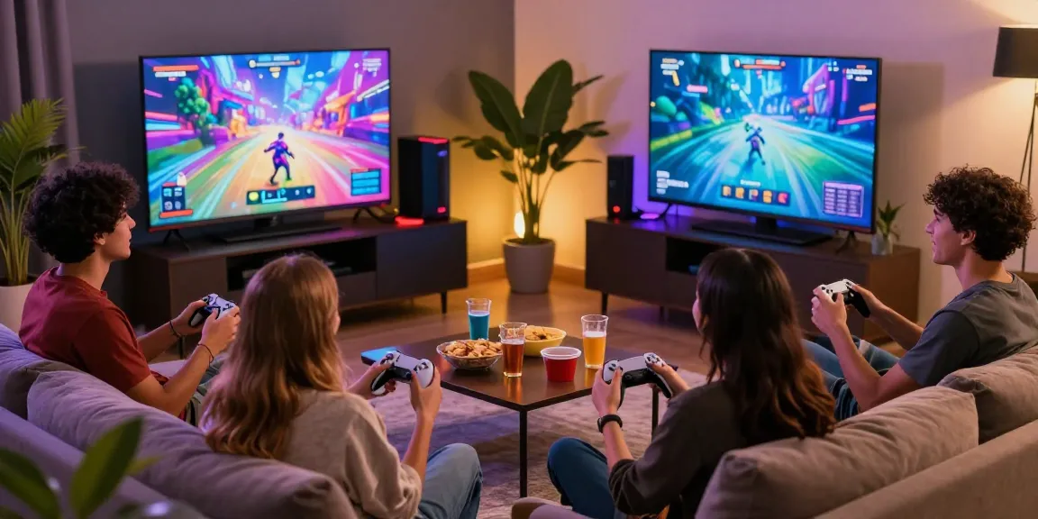 Friends enjoying multiplayer porn ganes in a cozy living room setting