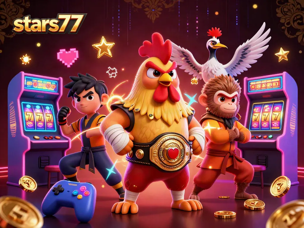 stars77 menampilkan ilustrasi kasino dengan ayam Muay Thai, monyet Shaolin, dan master crane, dikelilingi mesin slot