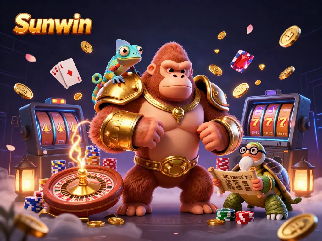 Engage in thrilling casino adventures with Sunwin, featuring a gorilla king and chameleon companion.