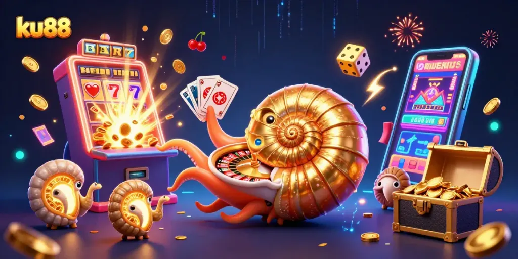 Engage with ku88's vibrant 3D casino experience, featuring a giant nautilus roulette wheel.
