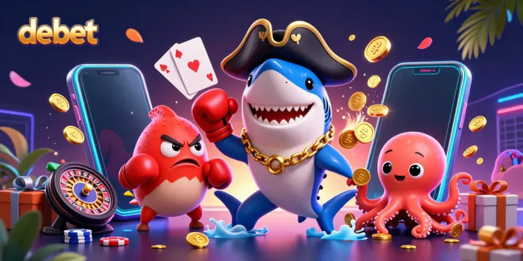 Engage with debet's vibrant casino scene featuring a pirate shark, pufferfish, and octopus amidst slot games and colorful coins.