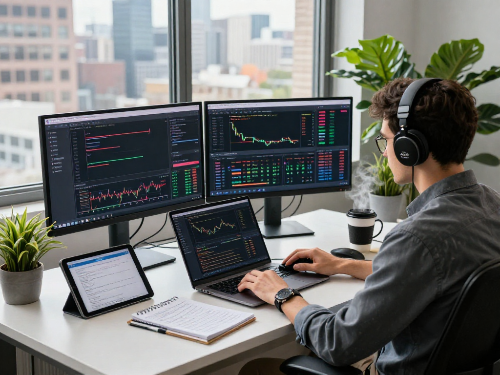 Developer analyzing COMEX metal futures API data in a modern tech workspace with monitors displaying market trends.