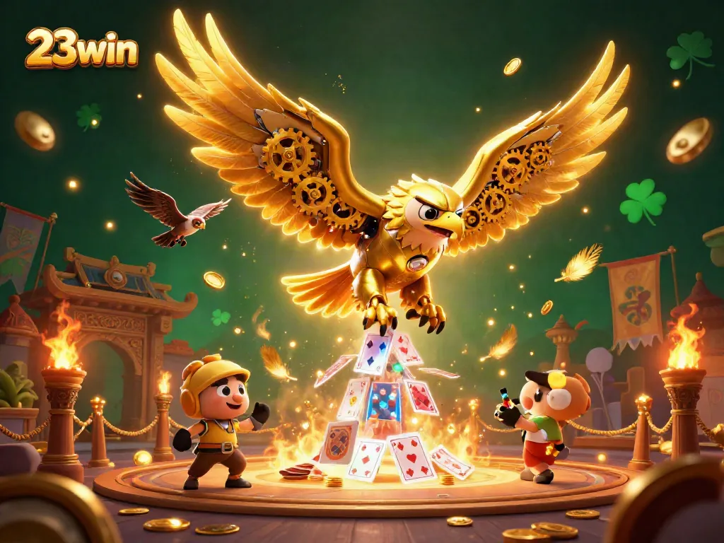 Experience the thrill of 23win as a cybernetic eagle dives through glowing playing cards in a dynamic casino scene.