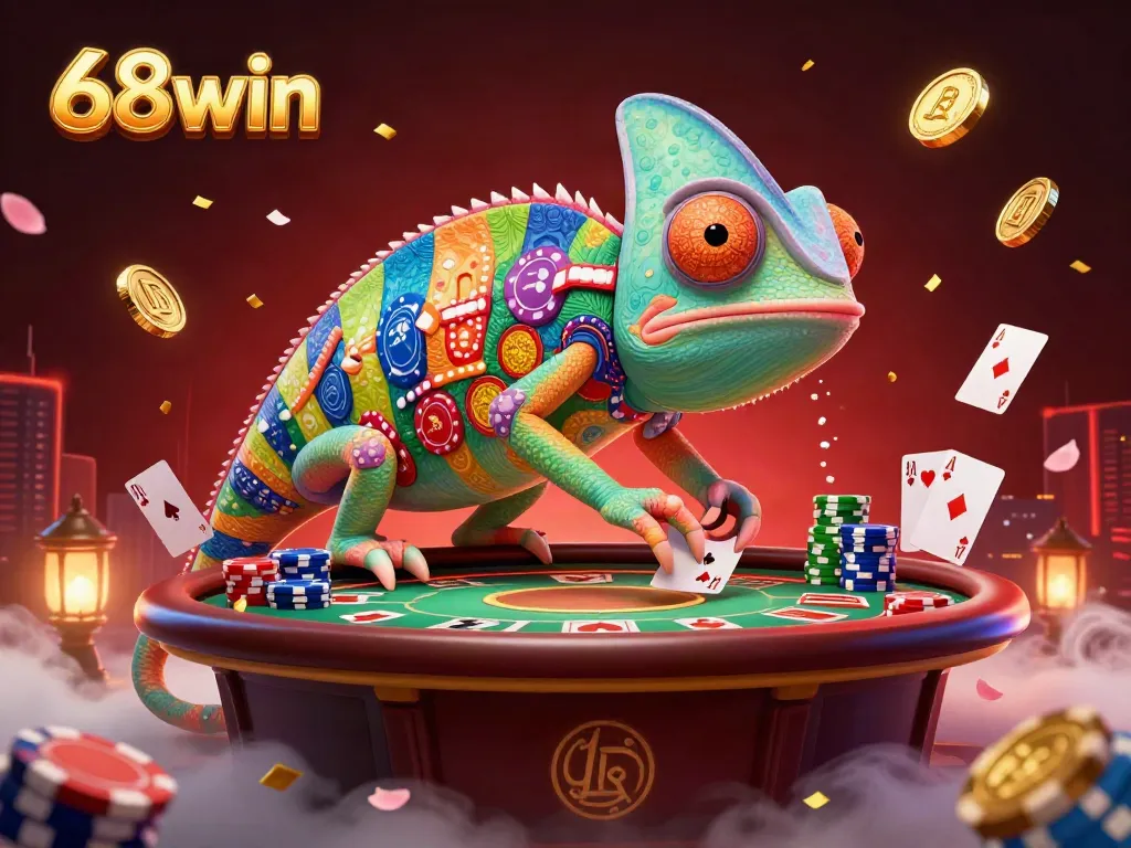 Experience excitement at 68win with the animated chameleon casino owner and vibrant poker elements.