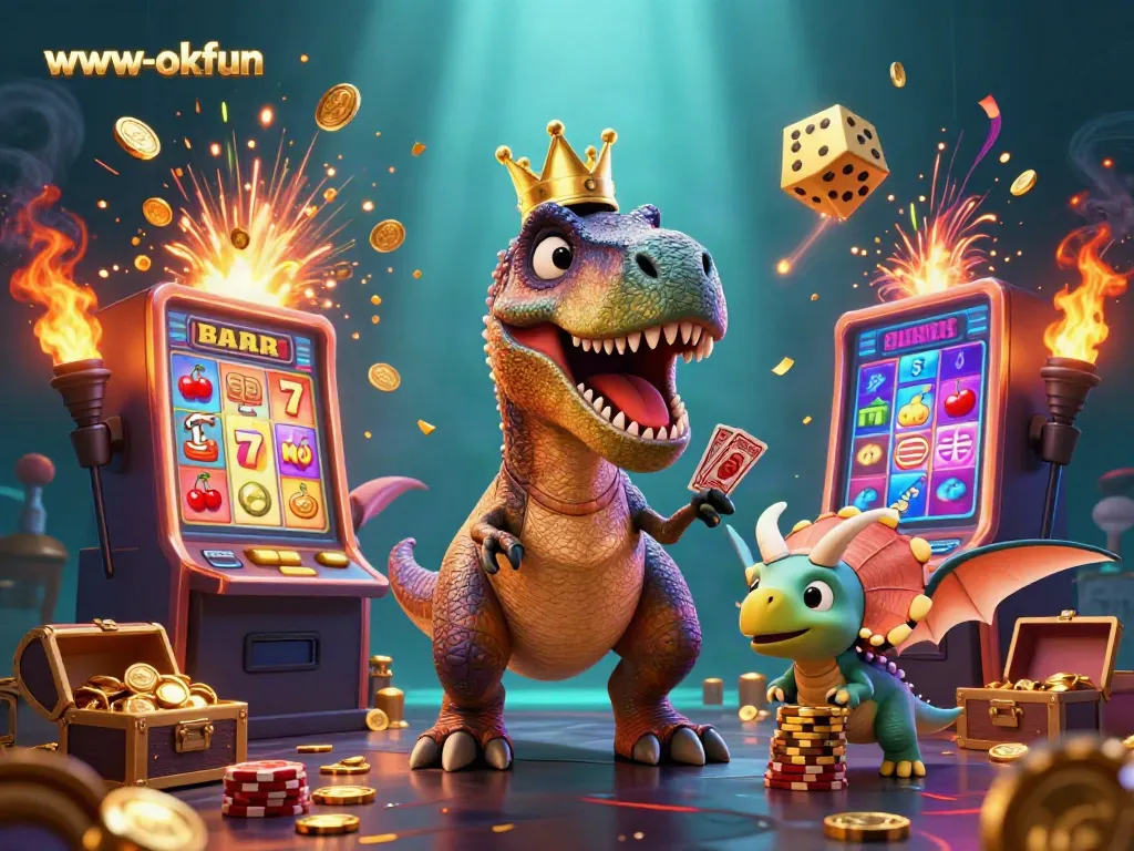 Engage with exciting slots at www-okfun featuring a lively scene with colorful characters and casino elements.