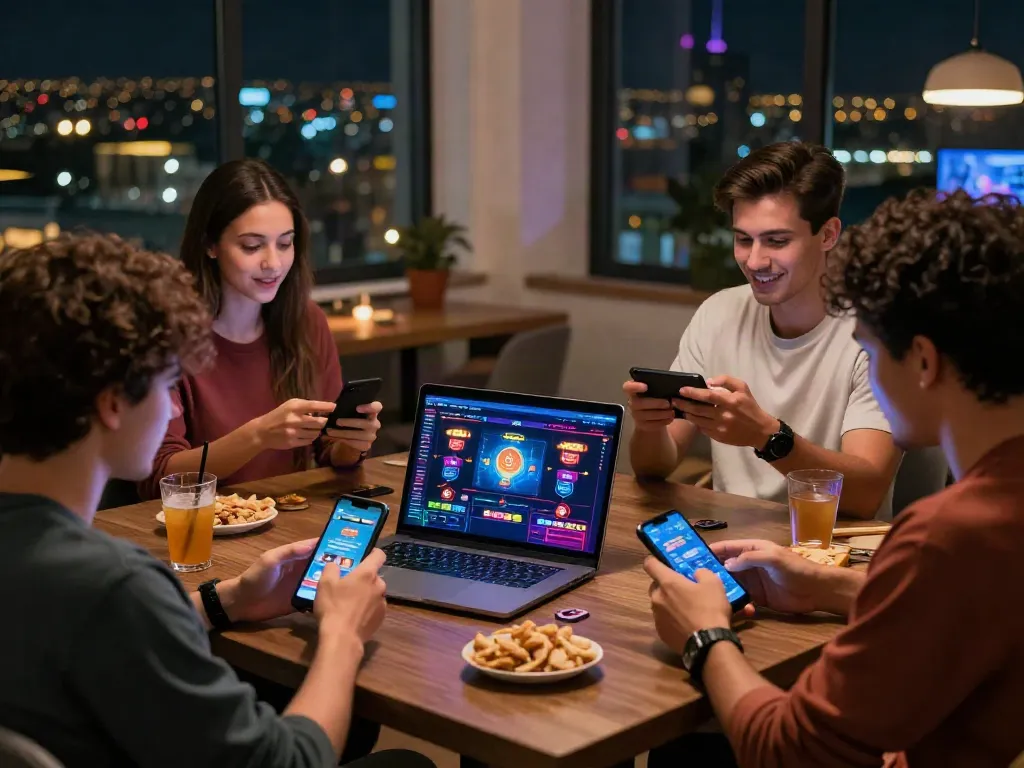 A80 casino gaming scene with friends enjoying diverse games on mobile devices.