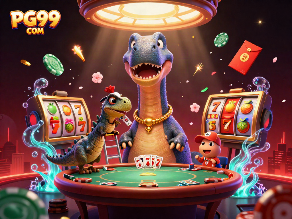 Engage with PG99 COM at a vibrant online casino scene filled with dynamic slot elements and animated characters.