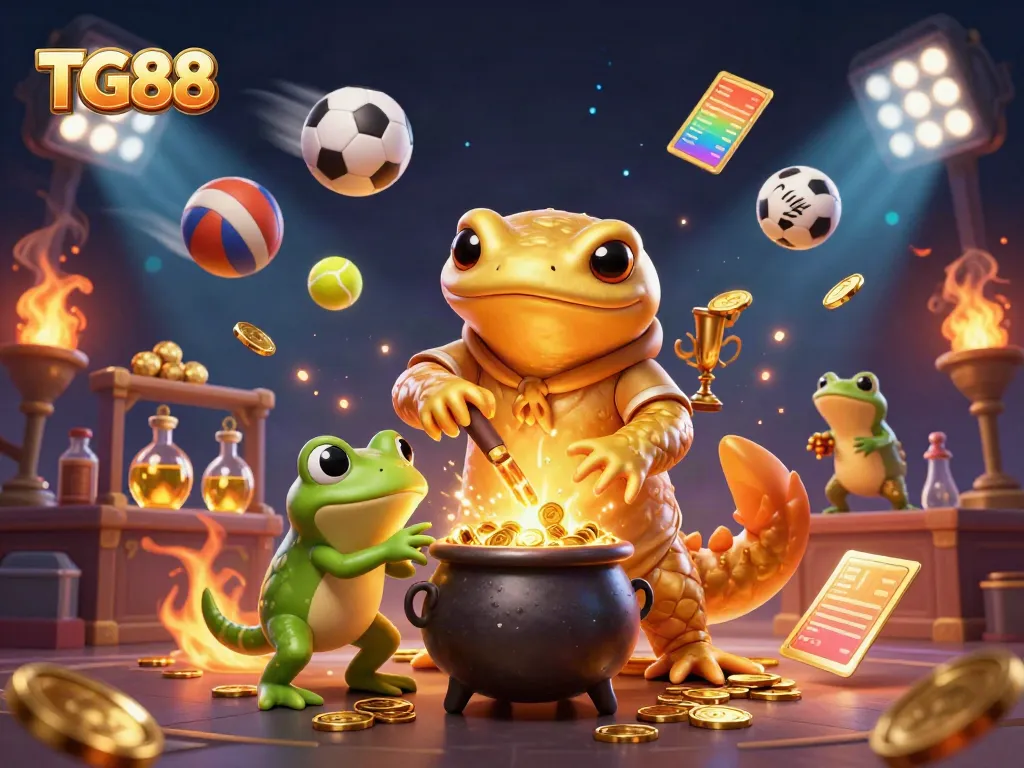 Experience thrilling moments with TG88 as a giant golden salamander transforms base metals into coins in an electrifying casino scene.