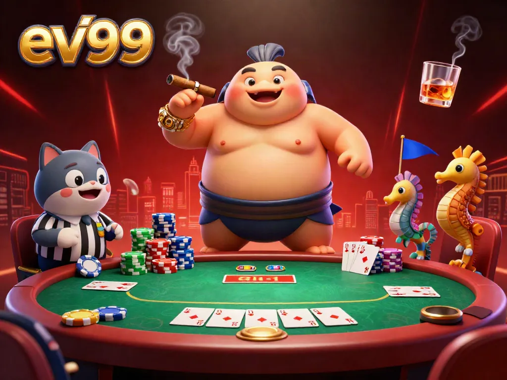 Engage in thrilling gameplay at ev99 with a dynamic underwater poker scene featuring fugu, catfish referee, and vibrant casino elements.