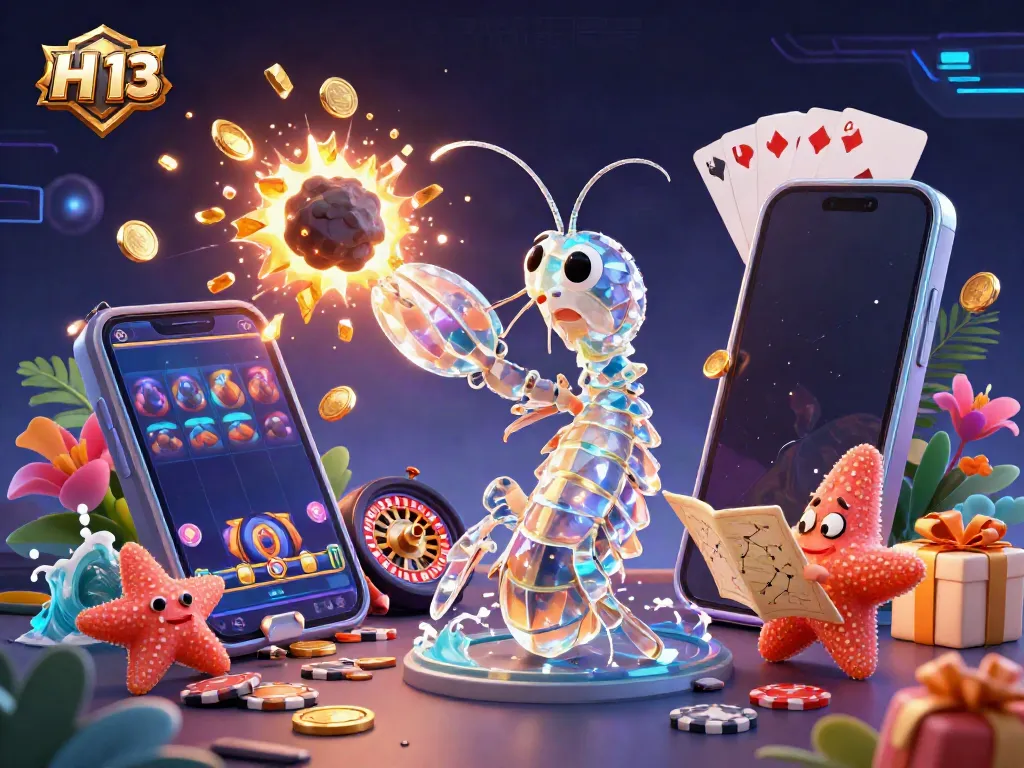 Experience H 13's vibrant gaming atmosphere with a cosmic shrimp blasting gems in a dynamic casino scene.