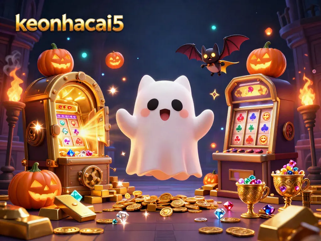Engage with keonhacai5 by watching the ghost cat and bat in a vibrant casino scene full of treasures.