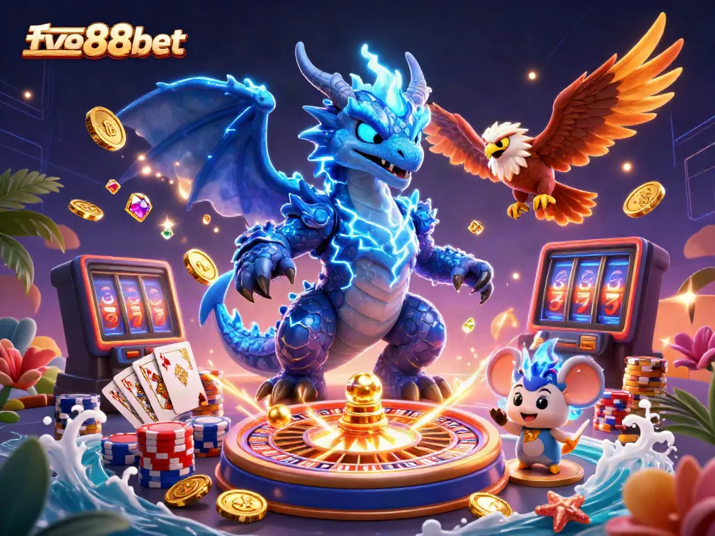 Win big at five88bet with thrilling 3D casino action, featuring a thunder dragon, coins, and cards.