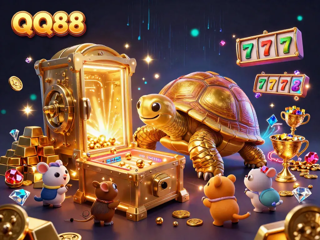 Experience the excitement of QQ88 with an animated gambling scene featuring a golden tortoise pinball and hidden treasures.