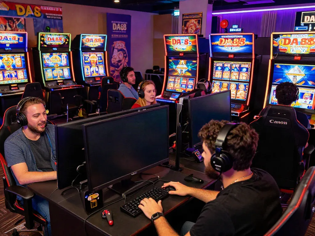 Engaged players at DA88 enjoying exciting slot games in a vibrant gaming environment.