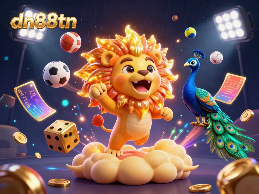 Experience thrilling casino action with dn88tn featuring a roaring sun lion, golden dice, and dynamic sports elements.