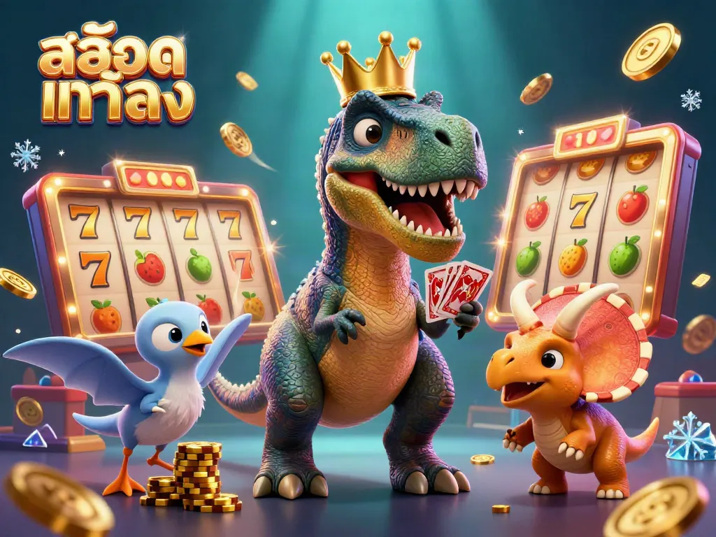 Engage in fun with the T-Rex shuffling cards in a vibrant casino scene, showcasing สล็อตแท้ตรง.