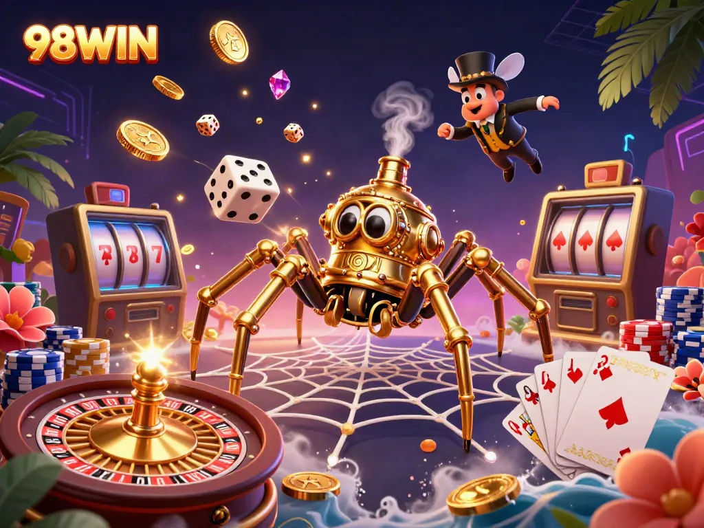 Experience thrilling gameplay at 98WIN with a captivating 3D casino scene featuring vibrant characters and elements.