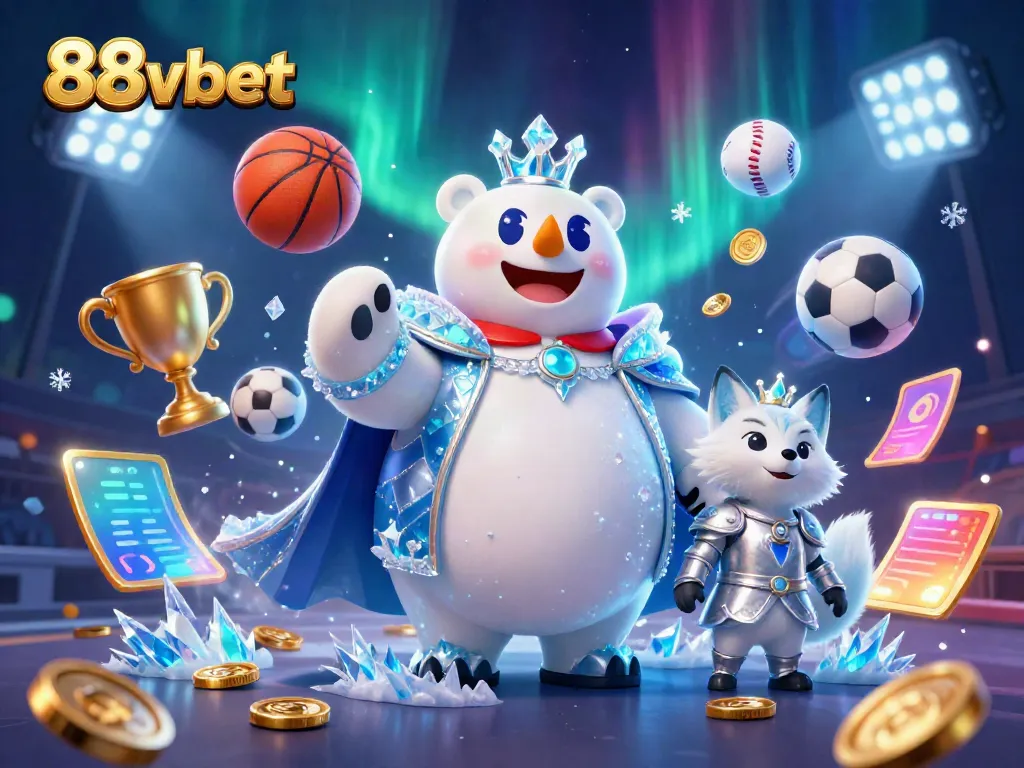 Engage with 88vbet's thrilling gaming experiences featuring a cartoon polar bear and sports elements.