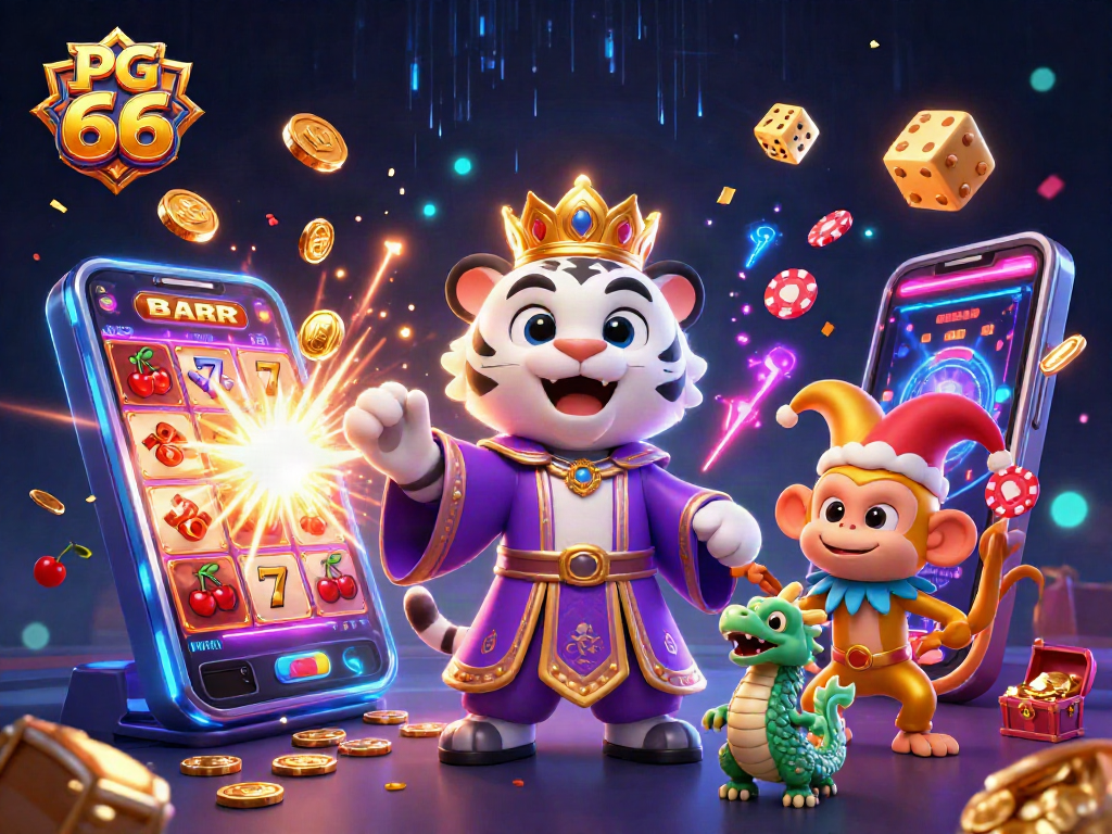 Engage with PG 66 in a vibrant casino scene featuring characters and exciting game elements.