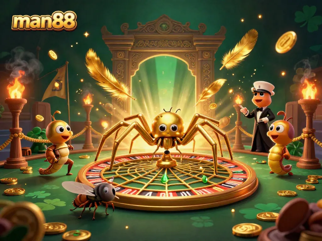 Experience winning at man88 with a thrilling roulette wheel spun by a centipede dealer, surrounded by gold coins.