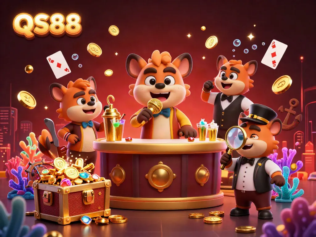 Experience the vibrant QS88 casino atmosphere with hyenas as comedic characters and luxurious elements.