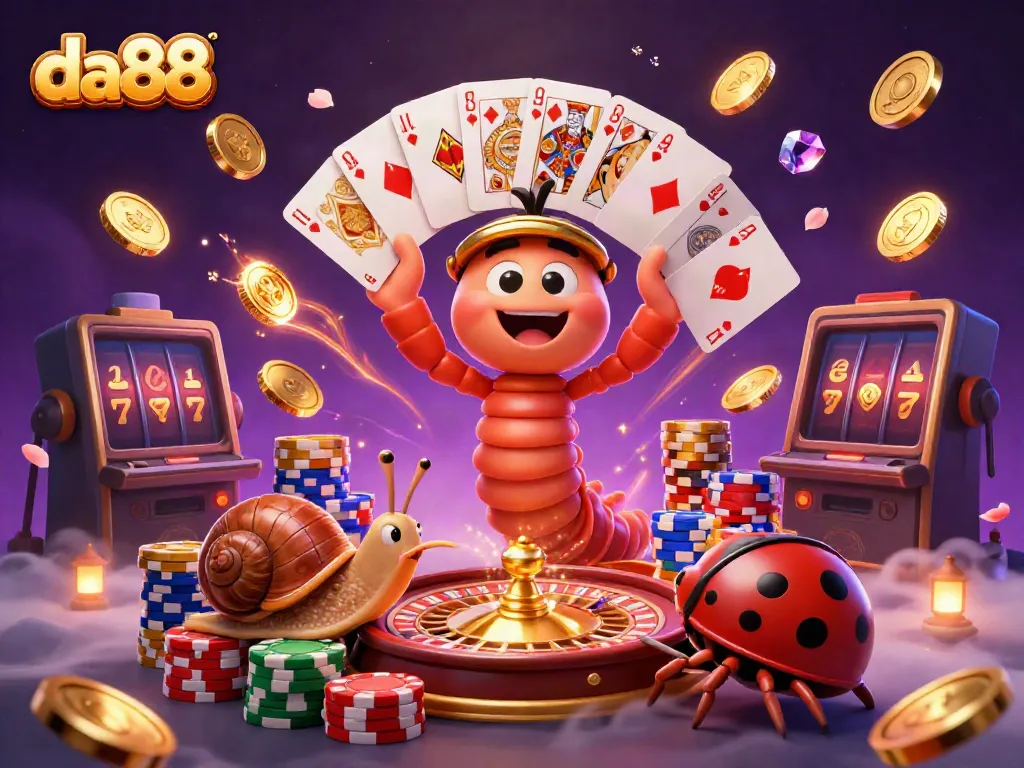 Experience thrilling gambling with da88, where a millipede dealer interacts amidst coins and cards.