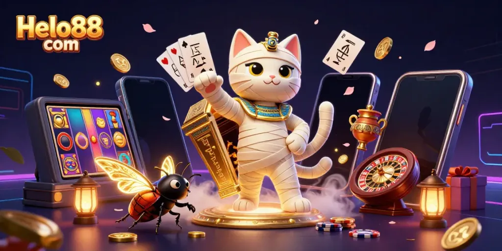 Experience captivating gameplay with Helo88 com through an enchanting 3D scene involving a mummy cat, slot games, and magical elements.