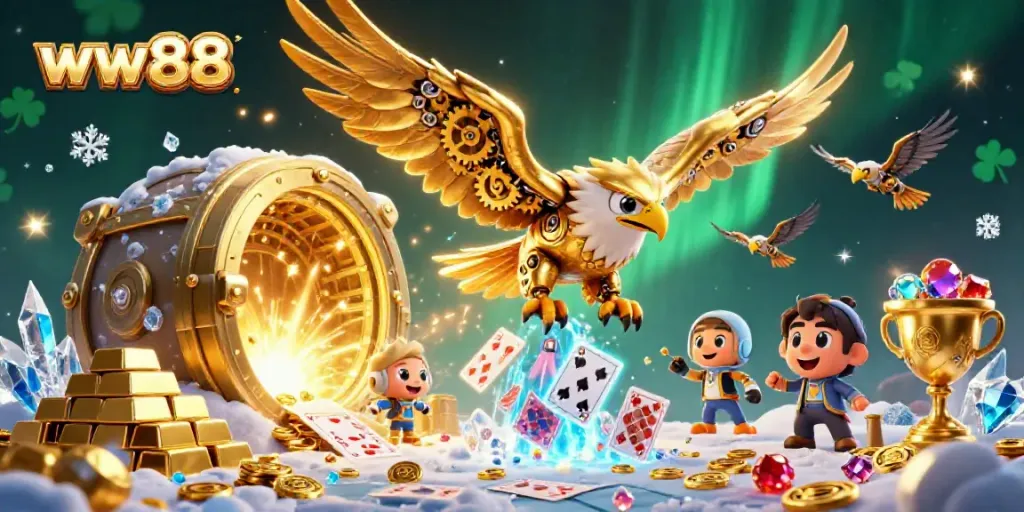 Engage in the thrill of ww88 with a vibrant 3D casino scene showcasing a golden eagle and treasure.