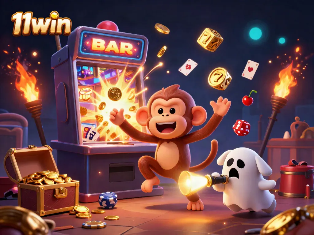 Experience thrilling jackpots with 11win's dynamic scene featuring a mischievous monkey and ghost-hunter puppy in action.