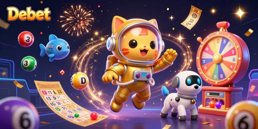 Debet engages players with vibrant lottery elements and festive characters in a dynamic casino scene.
