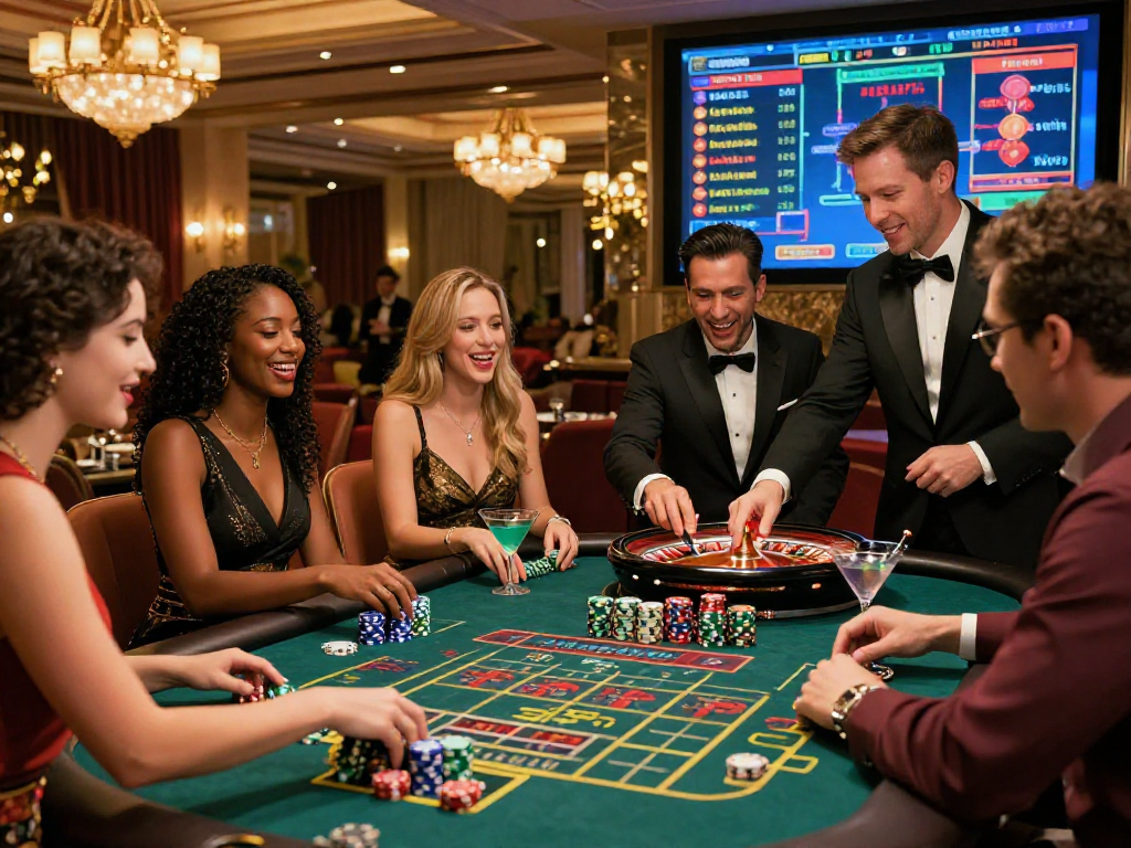Scene di un casinò non AAMS sicuri con amici che giocano al tavolo della roulette, atmosfera elegante e accogliente.
