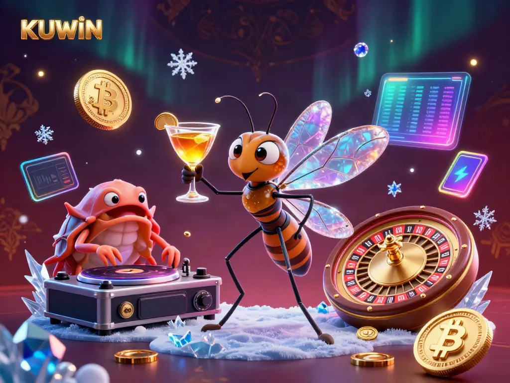 Experience the excitement with KUWIN's casino world through a playful 3D illustration featuring unique characters and vibrant game elements.