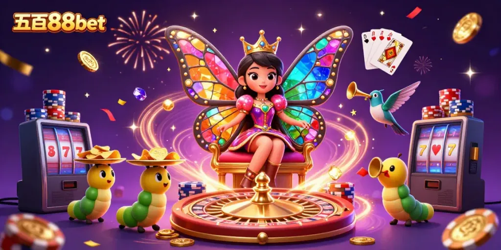 Experience vibrant casino excitement with five88bet, featuring a colorful butterfly queen surrounded by dazzling game elements.