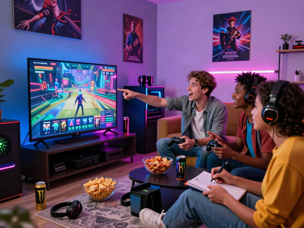 Friends enjoying an energetic gaming night featuring popular porn games with controllers and neon lights.
