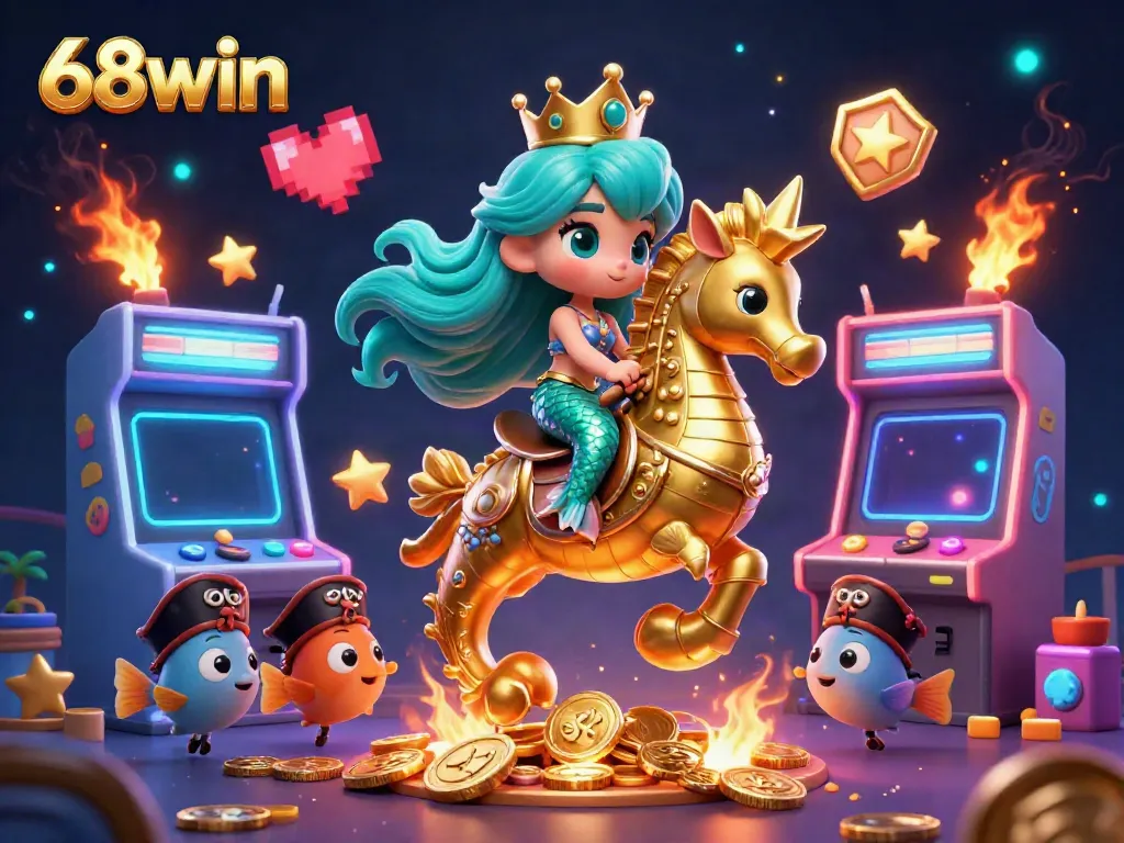 Experience thrilling gaming with 68win as a mermaid princess and seahorse navigate a colorful casino world.