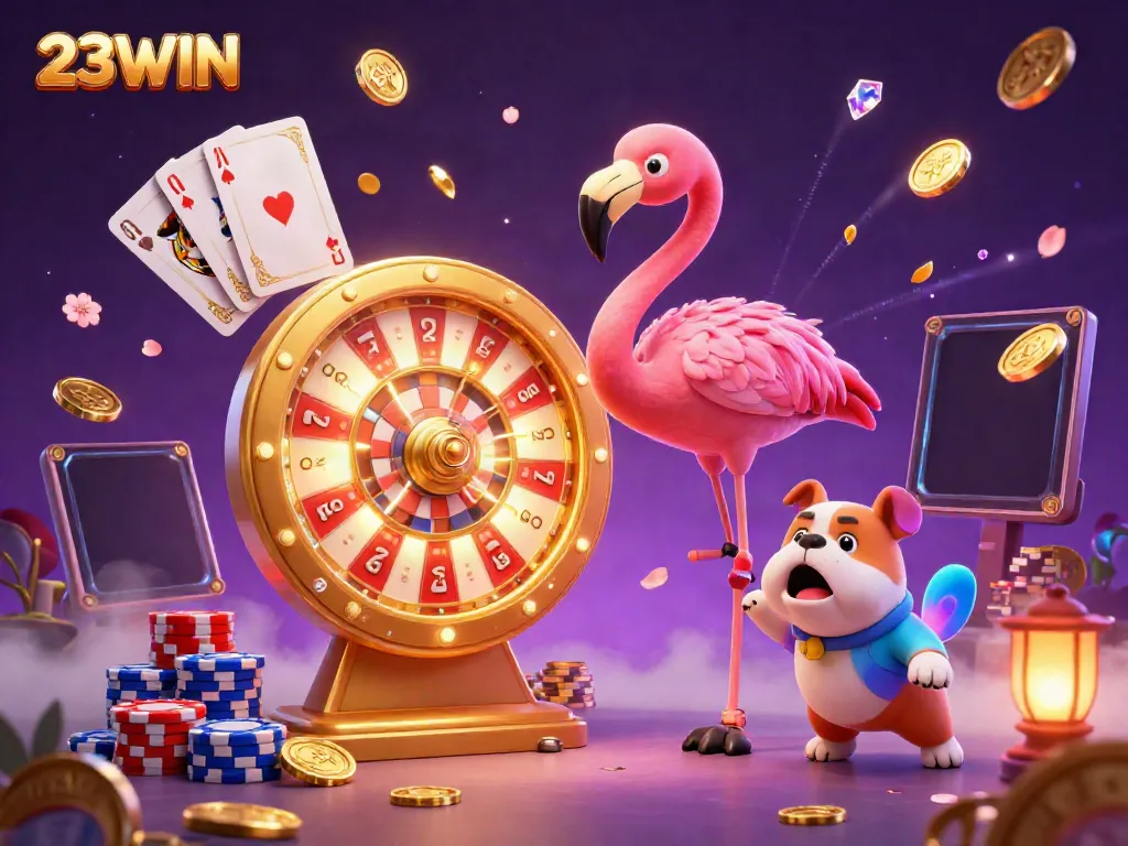 Experience thrilling gaming with 23WIN in a vibrant casino scene featuring a flamingo host, bulldog contestant, and scorekeeper cat.