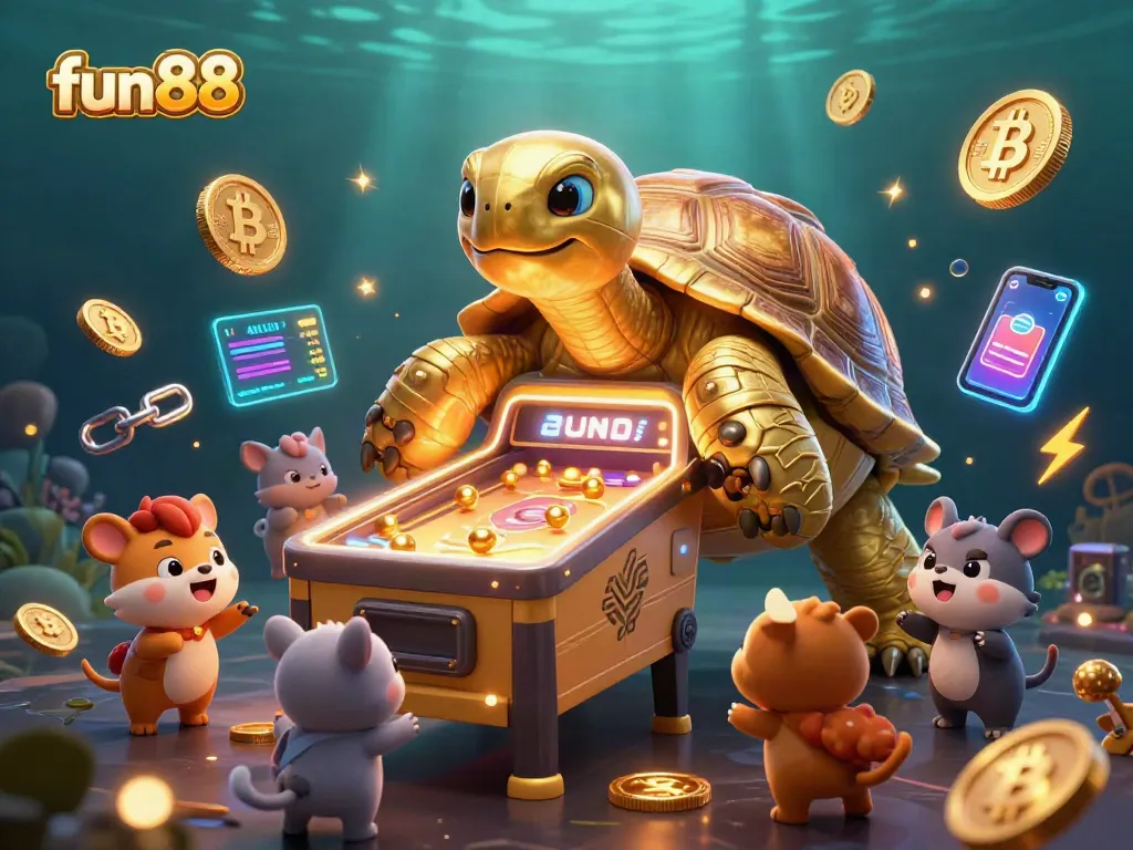 Experience fun88 with a vibrant 3D tortoise pinball machine scene, showcasing dynamic crypto elements.