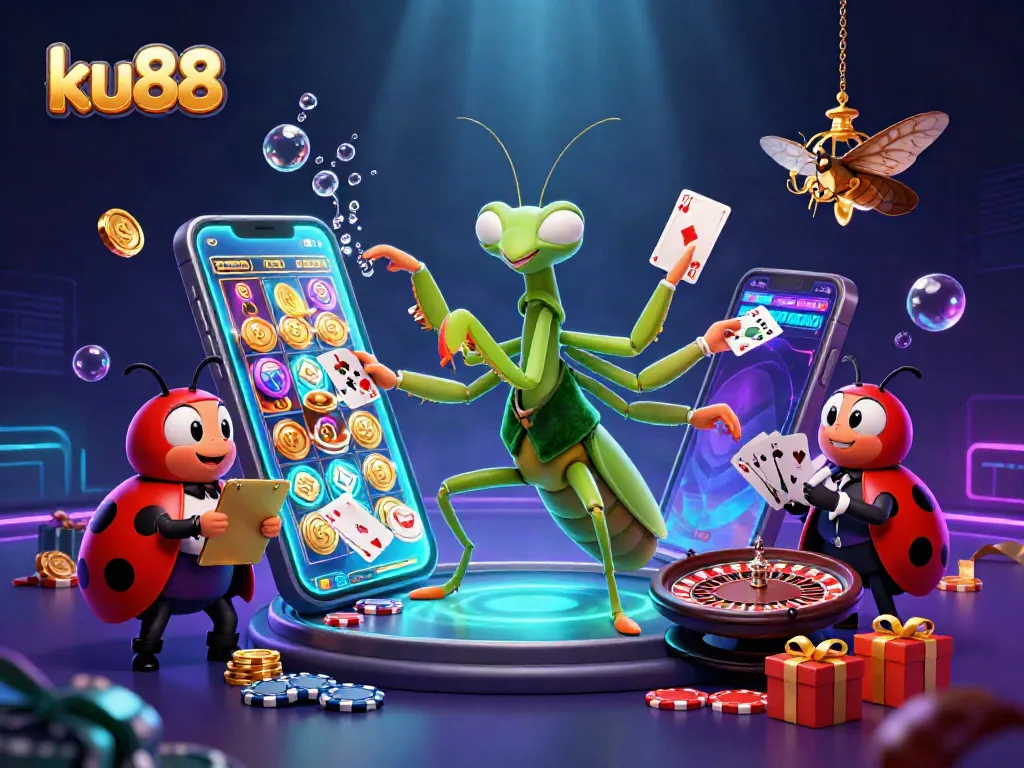Experience dynamic gaming action with ku88 as characters deal cards and celebrate winnings in this vibrant 3D scene.