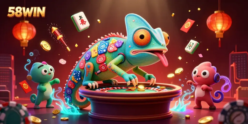 Experience thrilling games at 58WIN with the vibrant chameleon casino owner surrounded by exciting casino elements.