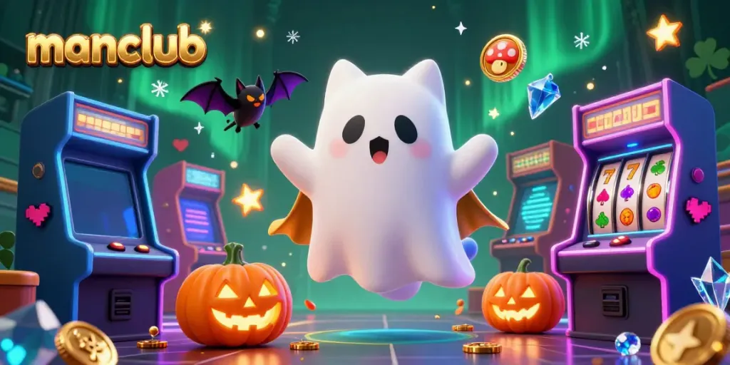 Engage with the ghost cat and bat in the manclub casino, featuring slot machines and glowing jack-o-lanterns.